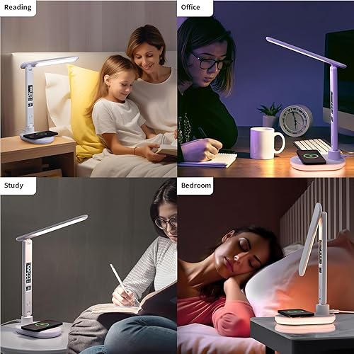 Miniatura 6 de Lámpara de escritorio LED con carga inalámbrica QI de 10 W, lámpara de mesa Flexo con 3 colores y 5 niveles de brillo con función de carga, USB,