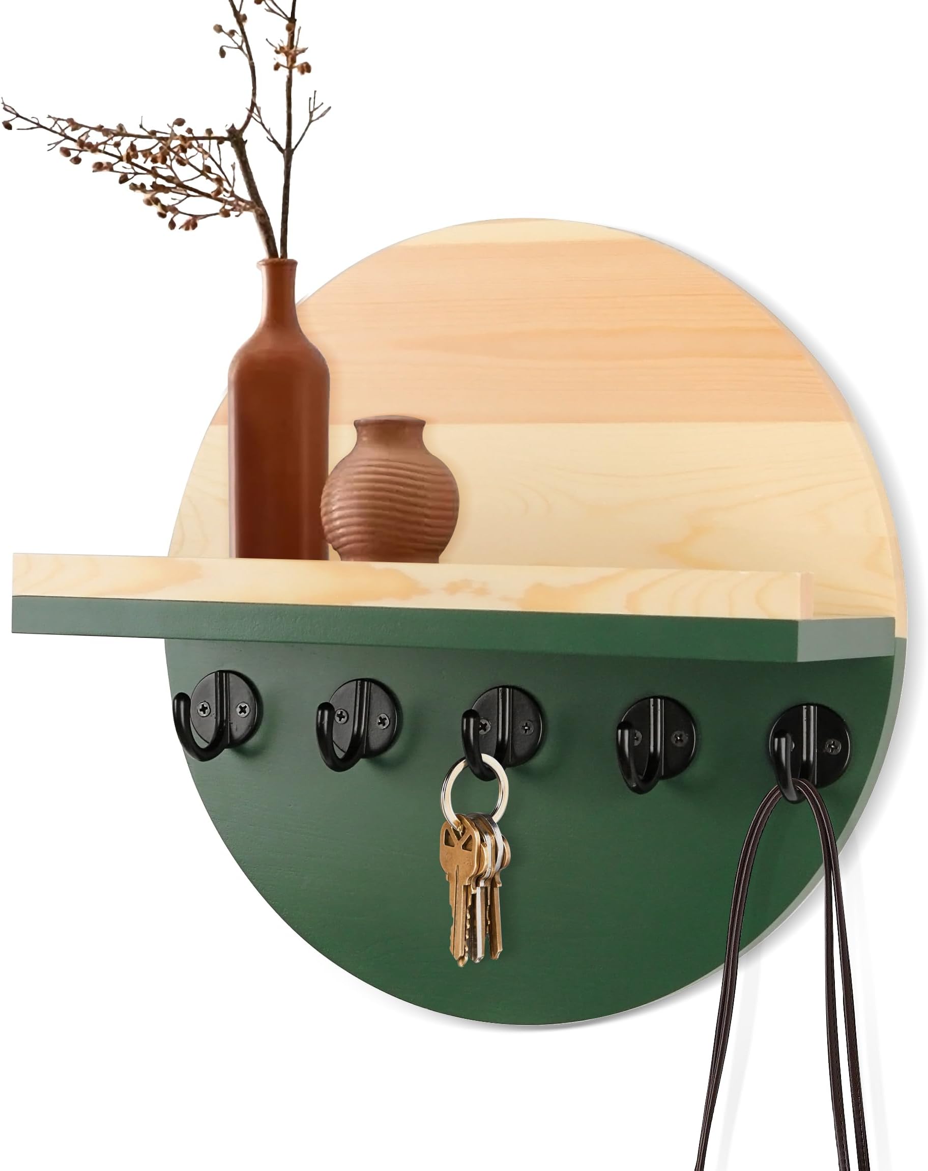 Key Holder for Wall with Shelf - Wood Mail Organizer and Rack with Shelf Hooks Wall Mounted for Entryway Decor Magazines Letter Storage Farmhouse Living Room Bedroom Doorway Green