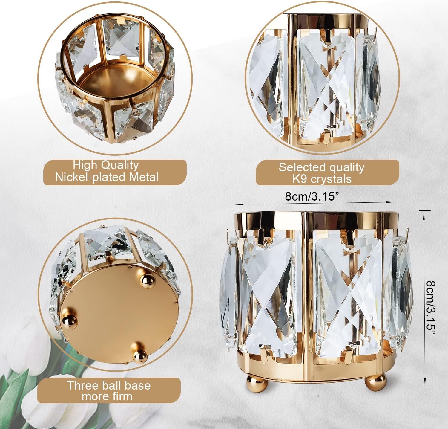 6pcs Tabletop Tealight Crystal Candle holders3.5''x3.5'' Class Votive Holder Home Decoration,Table centerpieces/Wedding Decor,Gorgeous Gift,Tabletop/Centerpiece Votive Holder (French Gold)