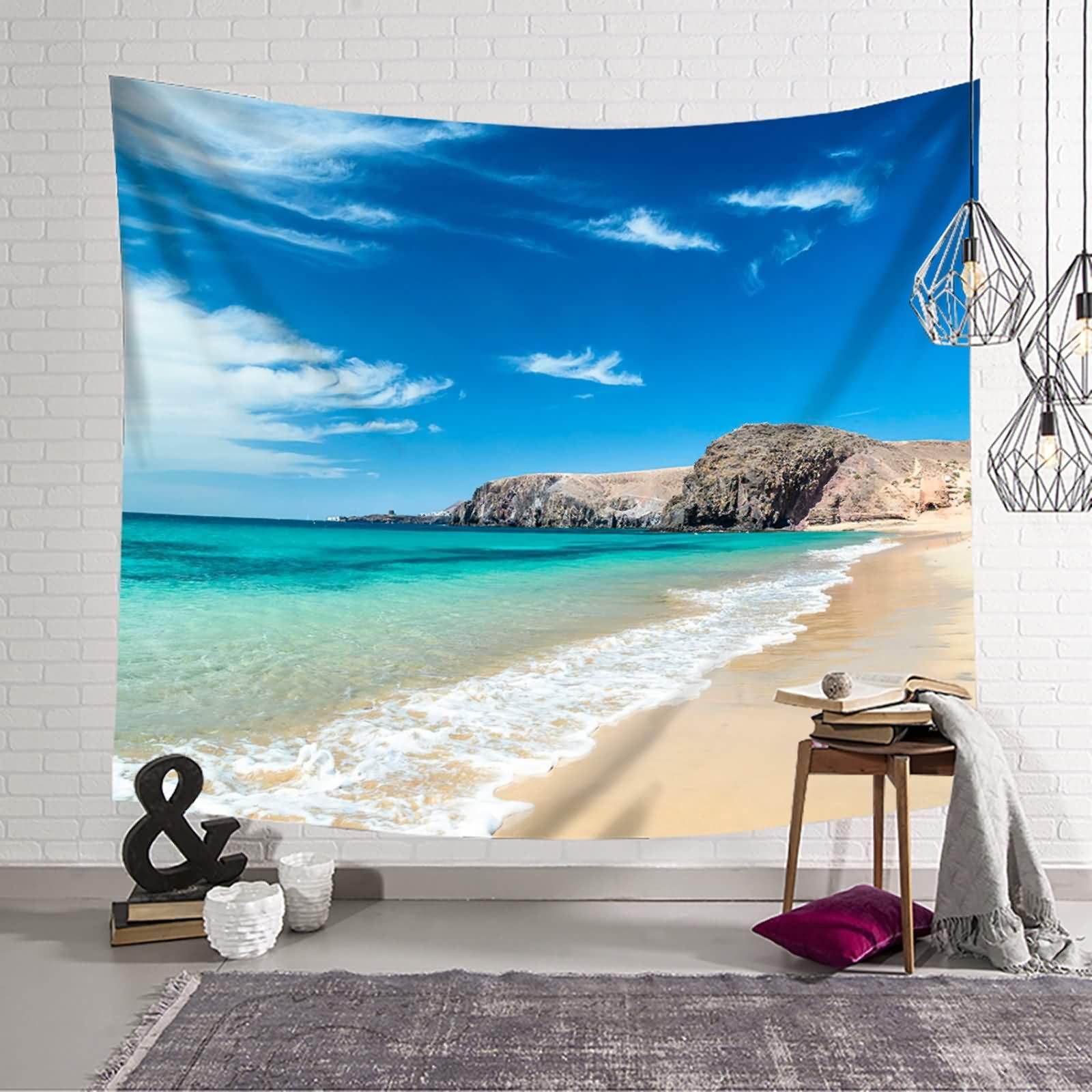 Homxi Tapices Habitación 260 x 240 CM,Paisaje de Playa Tapiz Sofa Poliester Azul Verde Caqui