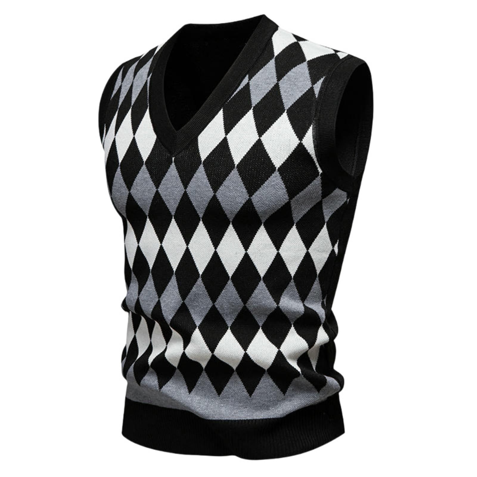 Chaleco de punto a cuadros para hombre con cuello en V de otoño 8