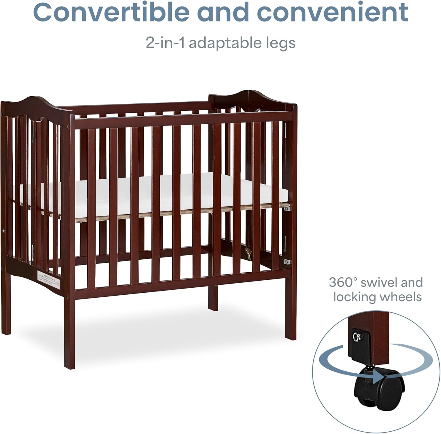 Dream On Me 2-in-1 Lightweight Quick Fold Portable Compact Mini Baby Crib in Espresso, GreenGuard Gold & JPMA, Patented Flat-Folding, Converts to Playpen in Seconds, Locking Wheels, 1″ Mattress Pad