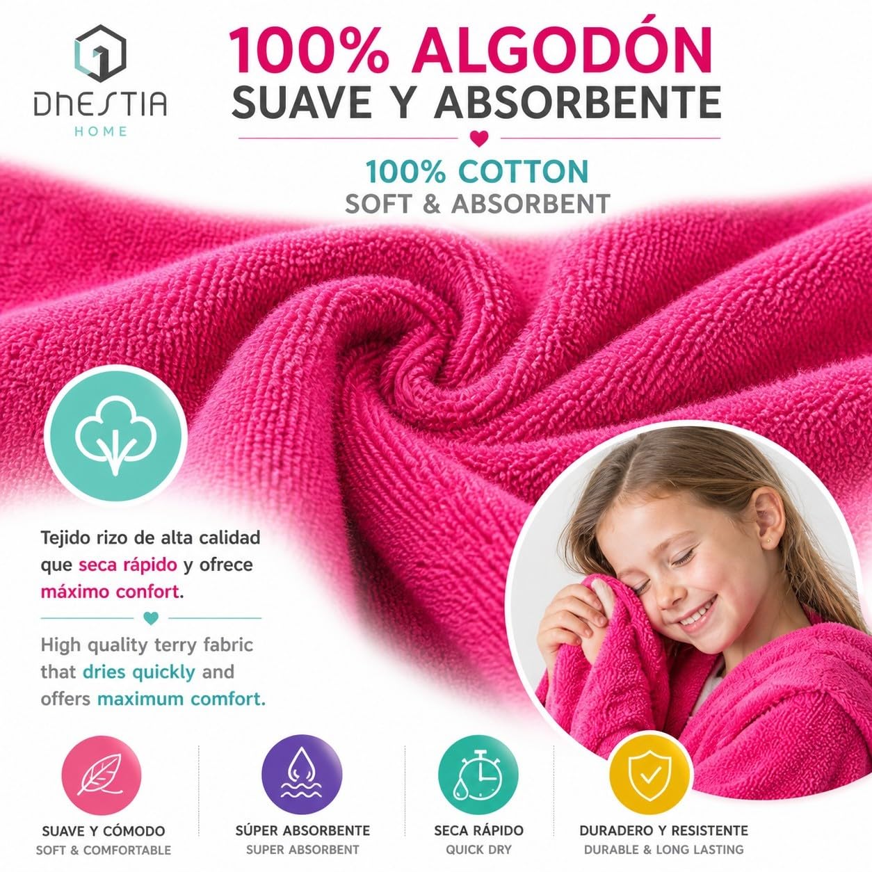 DHESTIA HOME Albornoz Infantil Niñas - Algodón Natural - Baño y Ducha - Capucha y Bolsillos - OekoTex Standar