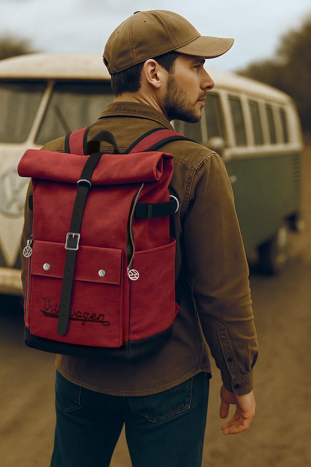 BRISA VW Collection – Rolltop Outdoor plecak podróżny, turystyczny, dla mężczyzn i kobiet, czerwony, 50 x 29 x 19 cm, vintage