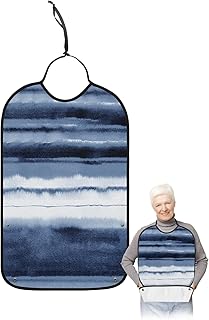 Kewadony Adult Bibs for Elderly Women - Ombre Navy Blue Waterproof Dining Clothing Protectors with Crumb Catcher for Eating/Feeding, Watercolor Striped Modern Abstract Art Terry Cloth Bib Washable