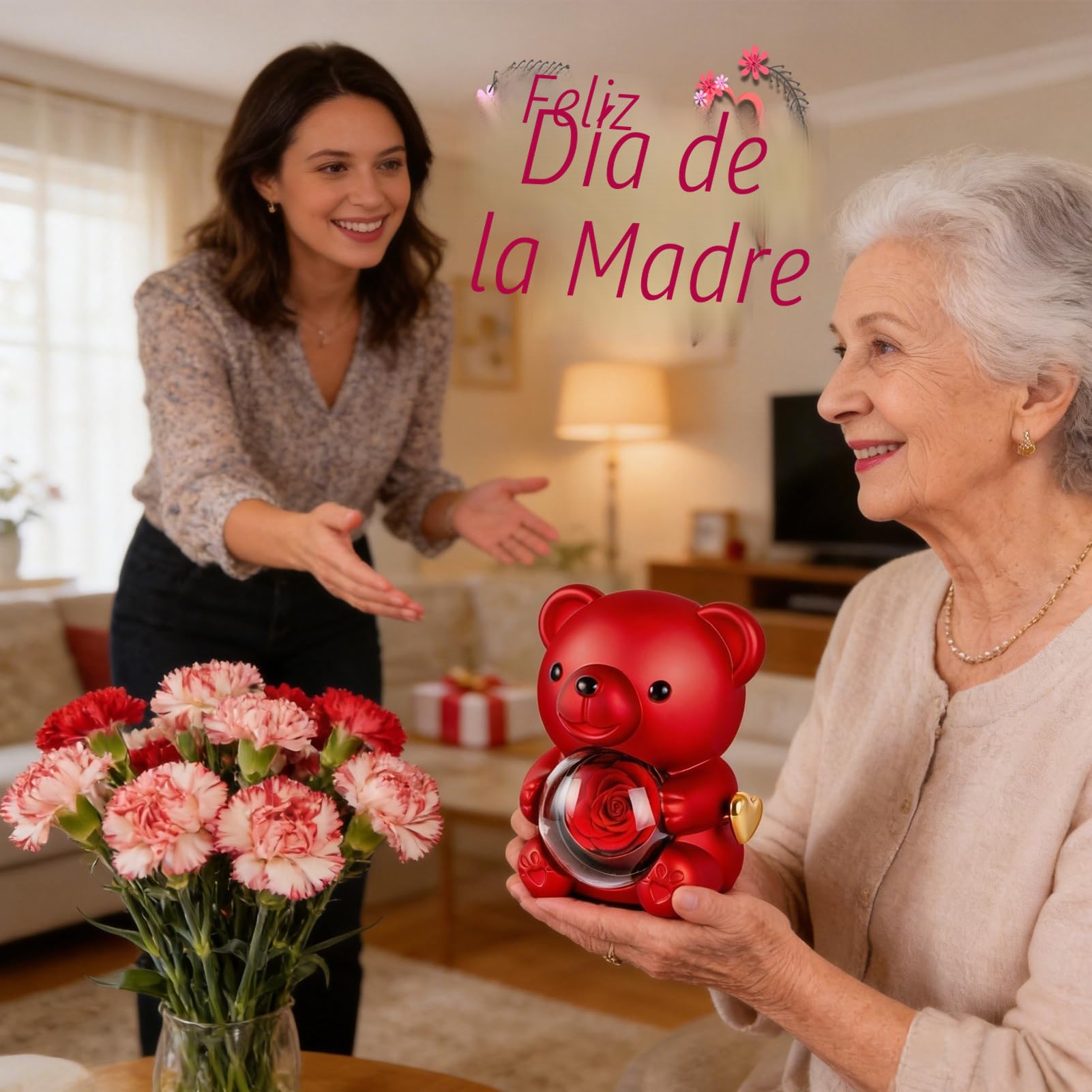 Oso Rosa Preservada con Collar de Corazón, Oso con Rosa Caja de Regalo, Regalo San Valentin Mujer, Regalo para Novia,Navidad Mujer, Cumpleaños