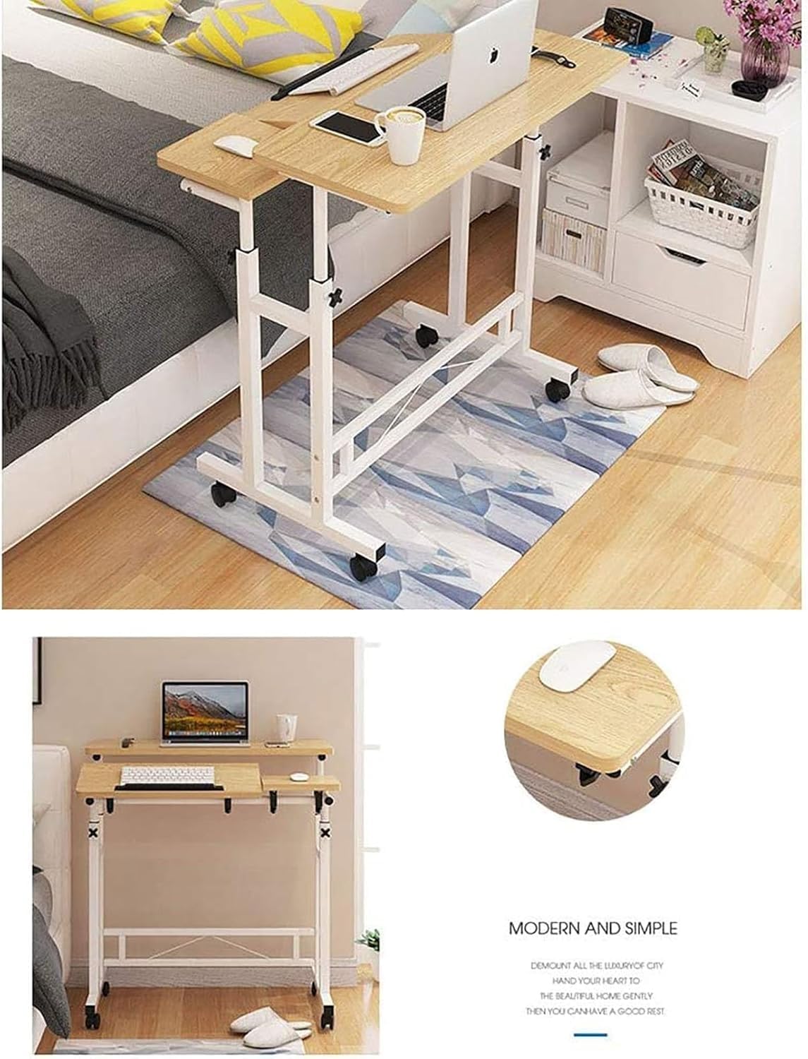 Regulowany stolik na łóżko z kółkami, mobilne biurko stojące, wózek na laptopa, biurko komputerowe do użytku domowego w szpitalu