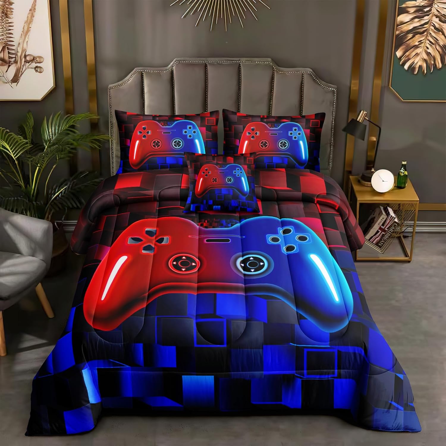 ROWADALO 6 Pieces Bed in A Bag Gamer Bedding Set for Boys Kids Adult Gaming Comforters Set,Boys Bed in A Bag Set Queen Size Comforter with Fitted Shee Flat Sheet Pillowcase pillowsham,DJT-FX551-Queen