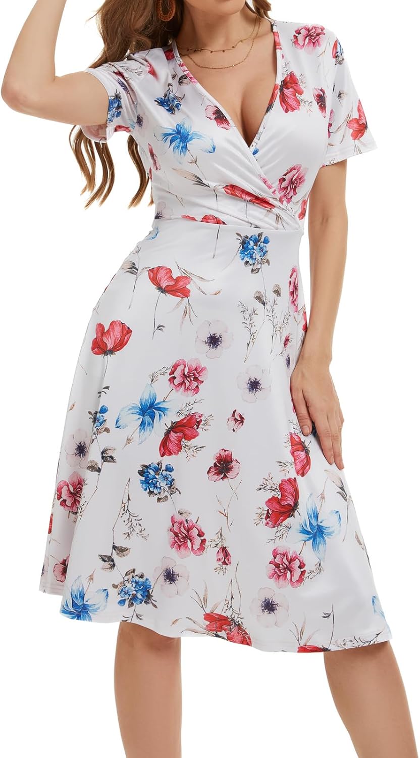 Women's Summer Wrap V Neck Casual Dresses Short Sleeve Floral A-Line Midi Sundress