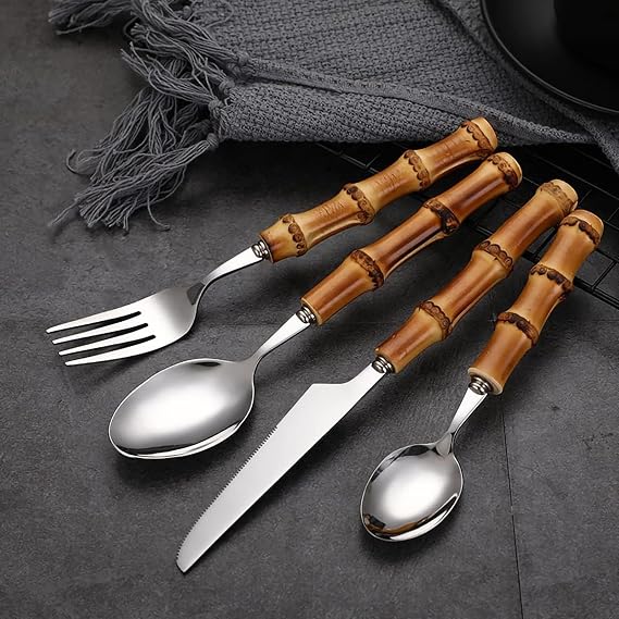 bamboo handle flatware sets for 12, 60 Piece Natural bamboo handle cutlery sets, silverware sets, dinnerware tableware set, Mirror Finished (60-Piece for 12)