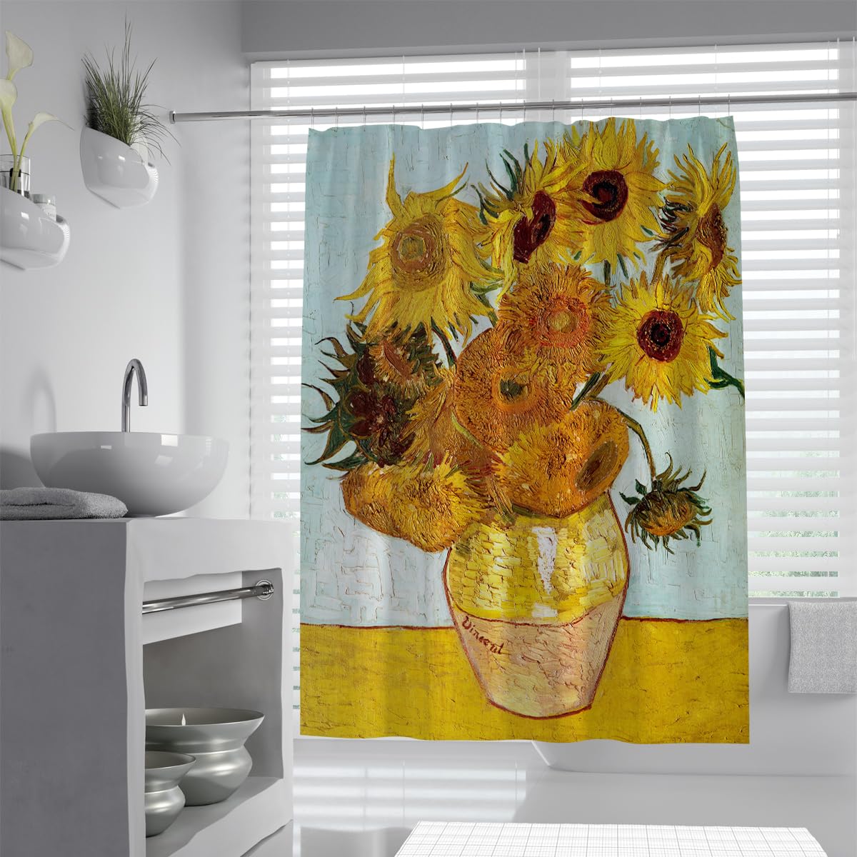 Olliar Home Shower Curtain Sunflowers 240X180 Famous Painting Print S For Bathroom Waterproof Washable Bath Curtains With Hooks Home Office Decor