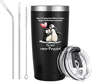 Livole Prezent dla niego na Walentynki, kubek termiczny z napisem "Du bist mein Penguin", prezent walentynkowy dla niego, mężczyzny, chłopaka, męża, na Walentynki, 600 ml, izolowany kubek kempingowy