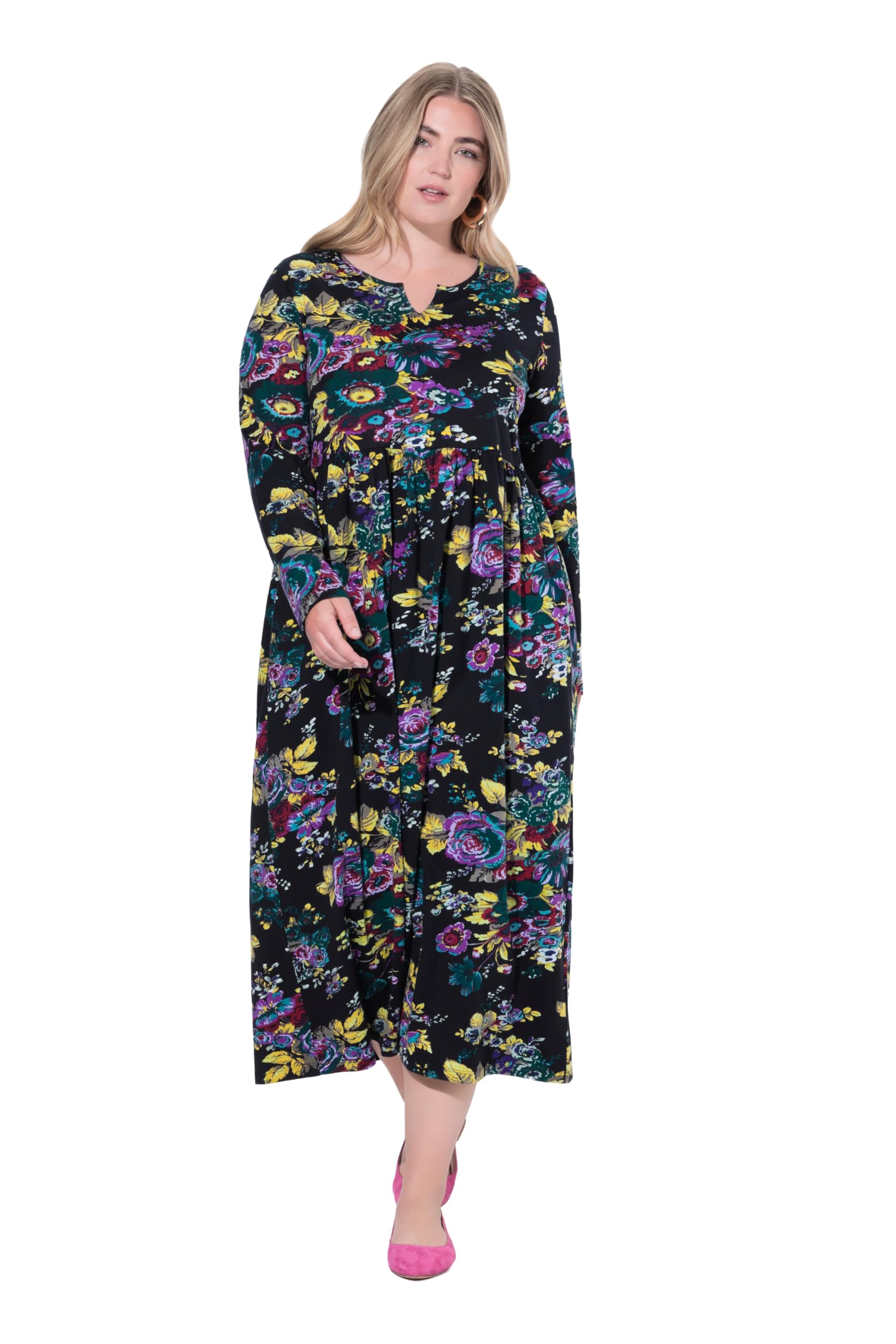 Ulla Popken Damen große Größen Übergrößen Plus Size Maxikleid, Blüten, A-Linie, Tunika-Ausschnit, Langarm 844607