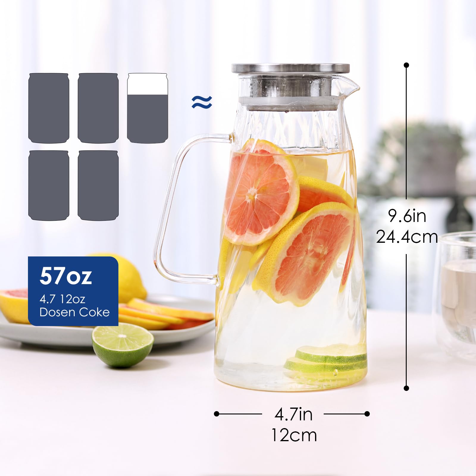 Vzaahu Carafe en verre avec couvercle - Carafe à eau glacée - 1,7 litres 57 onces - Verre borosilicate - Verre à thé - Verre à vin - Verre à jus - Verre à café - Verre à lait - Théière - Pichet