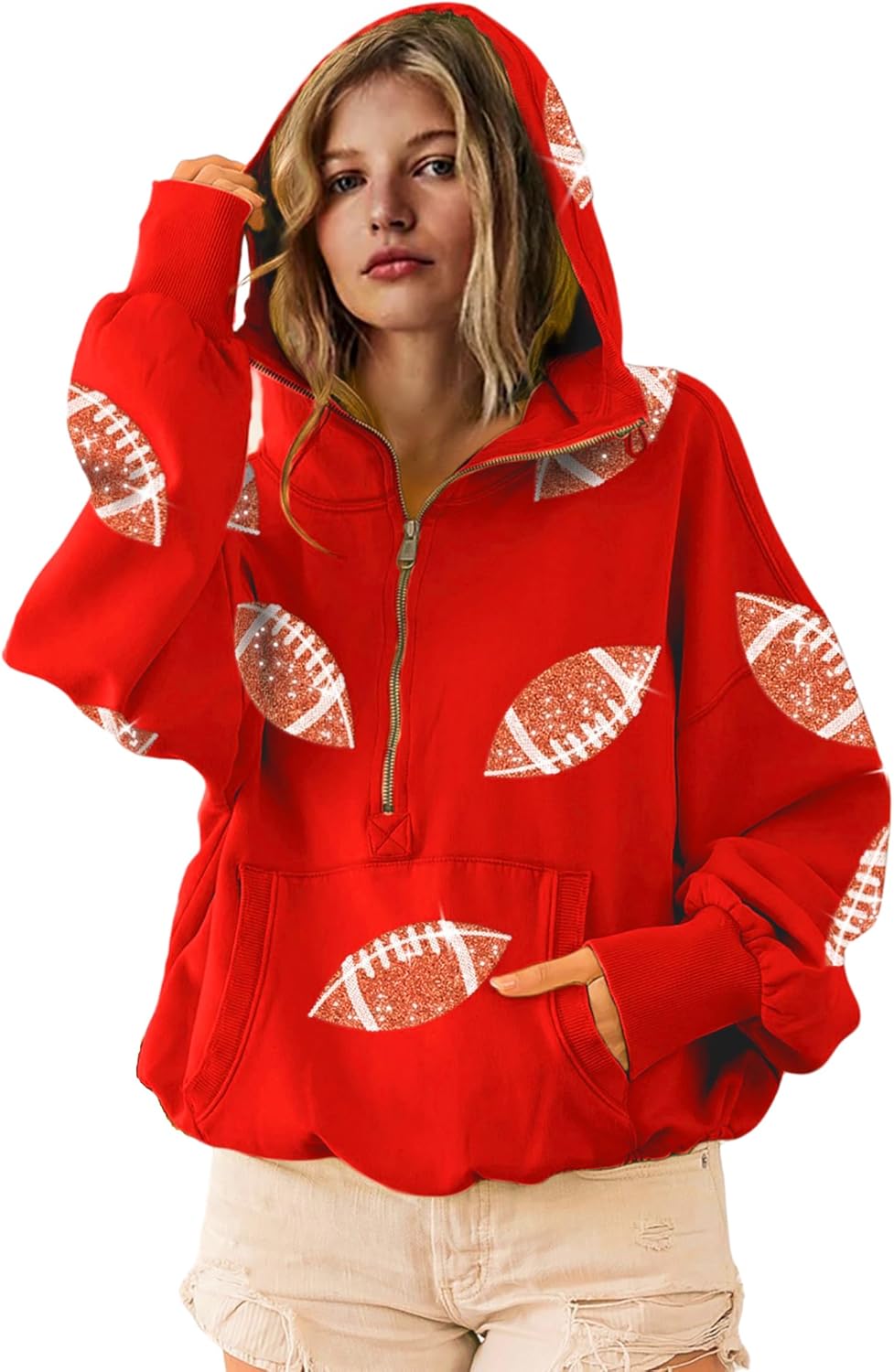 SeekMe Womens Game Day Sweatshirts Football Sequin Hoodies Tailgate Outfits Long Sleeve Zipper Sweaters with Pocket