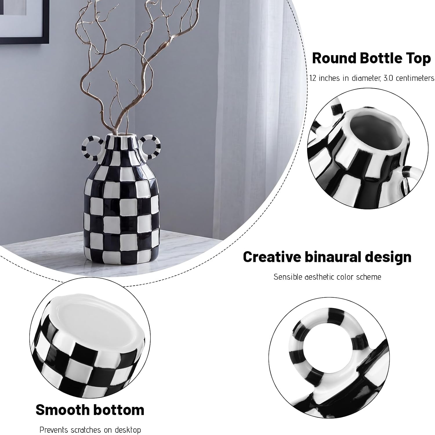 Black and White Checkered Ceramic Vase with Double Ears, Modern image 5