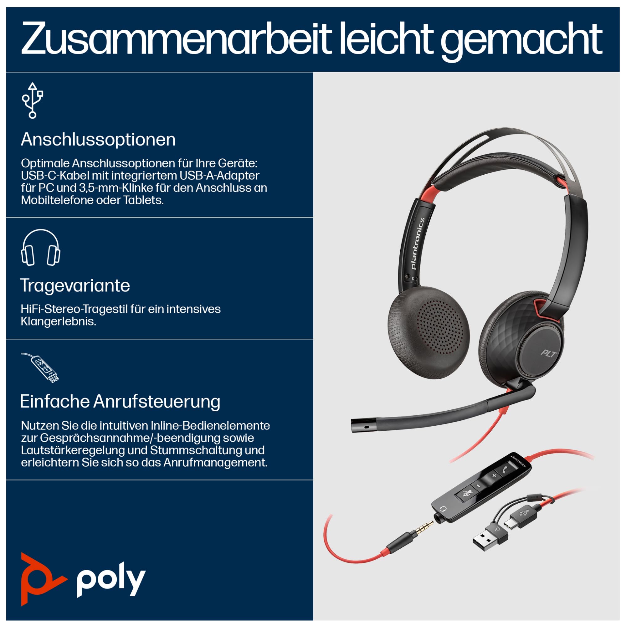 HP Inc. Poly Blackwire 5220 - Blackwire 5200 series - Headset - On-Ear - kabelgebunden - USB-C, 3,5 mm Stecker - Schwarz - Zertifiziert f?r Skype f?r Unternehmen, Cisco Jabber Certified, Avaya Certif