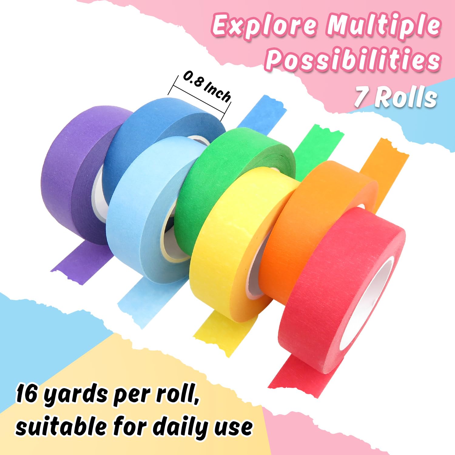 7 Rolls Colored Masking Tape，0.8" x 16 Yards for Arts and DIY | Colorful Painters Tape for School Crafts，Paper Tape for DIY Projects，Versatile Tape of All Ages, Home & Office Use