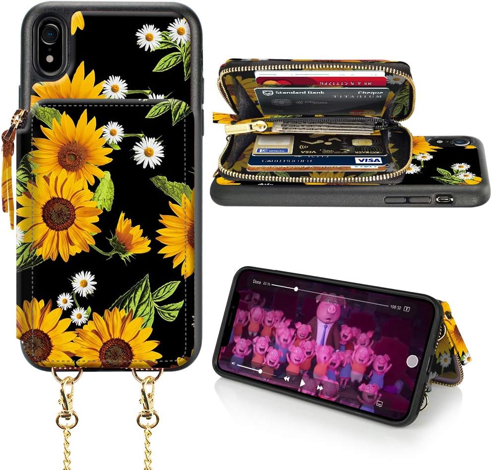 LAMEEKU iPhone XR Wallet Case, iPhone XR Card Holder Case, Floral Sunflower Pattern Zipper Leather Case with Credit Card Slot Strap, Protective Cover for iPhone XR 6.1''-Sunflower
