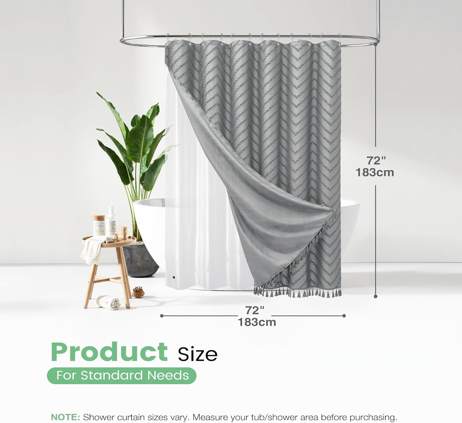 Dynamene Boho Shower Curtain and Liner Set, Tufted Chevron Textured Tassel Shower Curtains for Bathroom and Waterproof Liner with Hook, 72" W x 72" L (Pack of 1), Grey 1