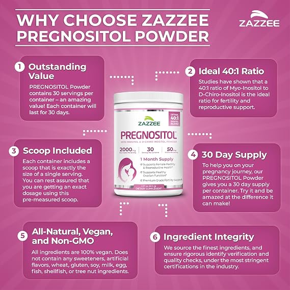 Zazzee PREGNOSITOL Powder, 30 Day Supply, Myo-Inositol & D-Chiro Inositol | 40:1 Fertility Blend, Free Scoop for Exact Dosage, Premium Balanced Formula, 180 Servings, Vegan, All-Natural and Non-GMO