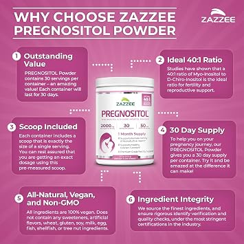 Zazzee PREGNOSITOL Powder, 30 Day Supply, Myo-Inositol & D-Chiro Inositol | 40:1 Fertility Blend, Free Scoop for Exact Dosage, Premium Balanced Formula, 180 Servings, Vegan, All-Natural and Non-GMO