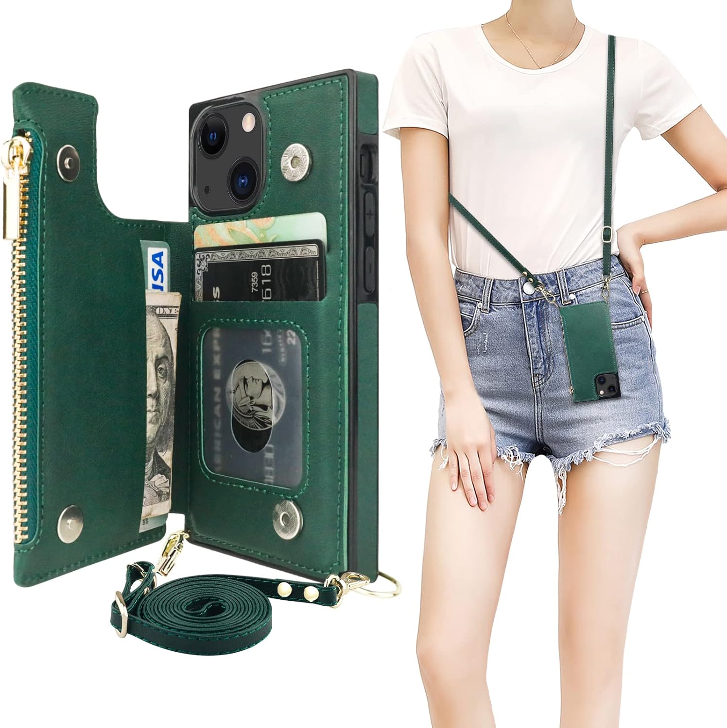 Bocasal Crossbody Wallet Case for iPhone 13 Mini with RFID Blocking Card Slot Holder, Magnetic Flip Folio Purse Case, PU Leather Zipper Handbag with Detachable Lanyard Strap 5.4 Inch 5G (Green)