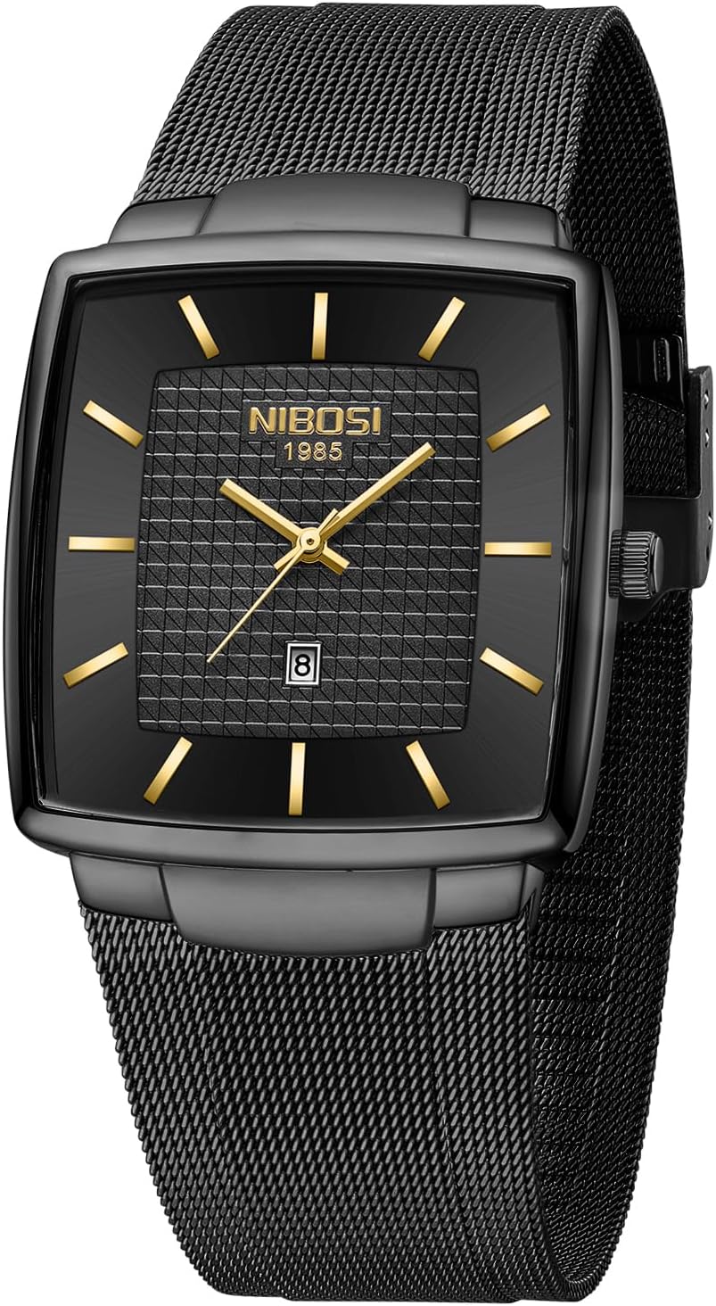 NIBOSIMen Watches Analog Quartz Square Military Waterproof Sport Business Wrist Watch for Men with Stainless Steel Mesh Strap Date Calendar
