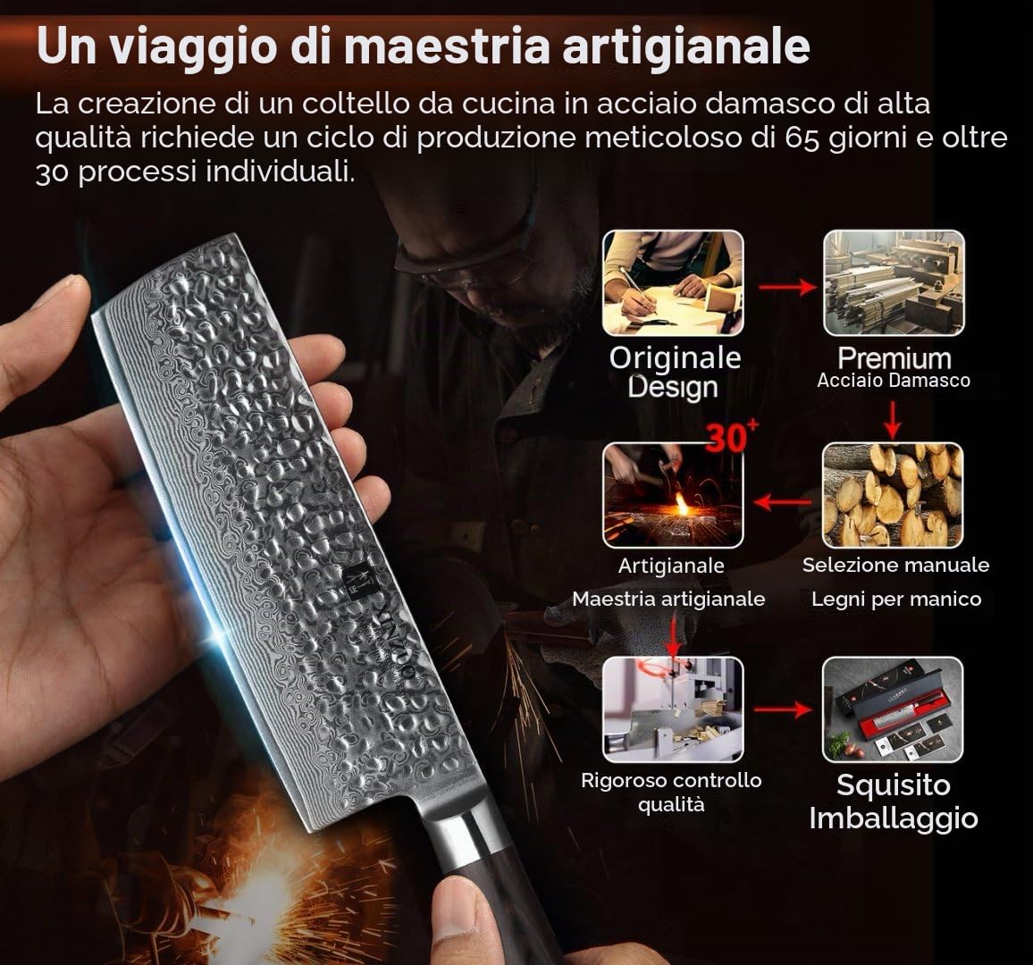 XINZUO 17cm Coltello Nakiri da Cucina -67 Strati Acciaio di Damasco Coltello da Cuoco Professionali -Adatto per Tagliare Carne, Pesce, Verdura e Frutta -Manico in Legno di Pakka -He Serie