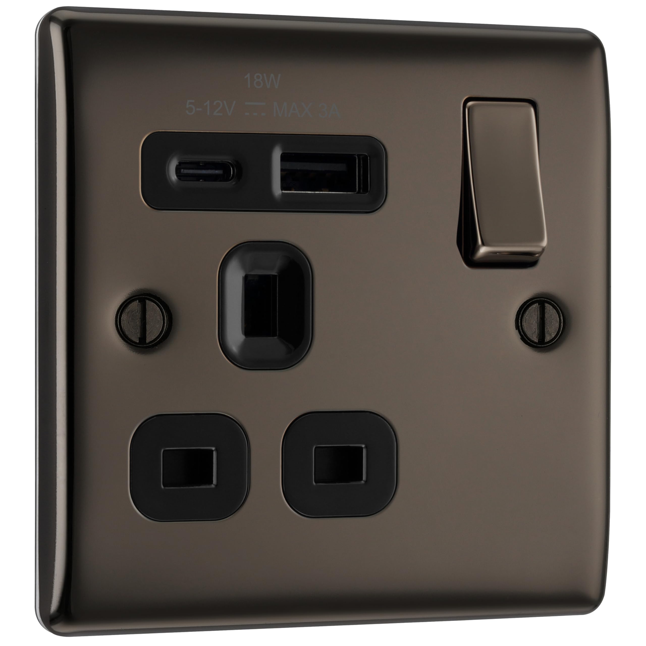 BG Electrical 18W Single Switched Power Plug Wall Socket with Type A USB and Type C USB Charging Ports, Fast Charge, Raised and Slim Profile, Round Edges, Nexus Metal, Black Nickel, 13A, NBN21UAC18B