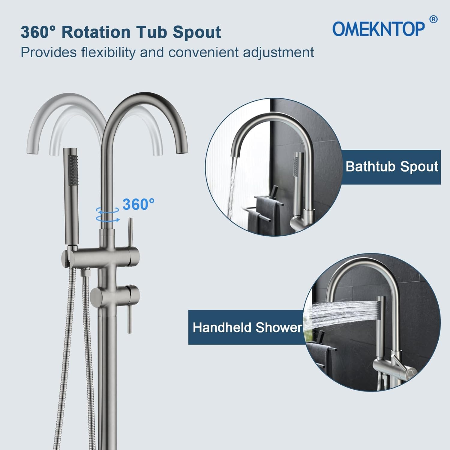 Freestanding Bathtub Faucet Floor Mount Tub Filler Brush Nickel, OMEKNTOP Modern Freestanding Tub Faucet with 360 Swivel Gooseneck Spout and Handheld Shower, Standing Tub Faucet for Bathroom