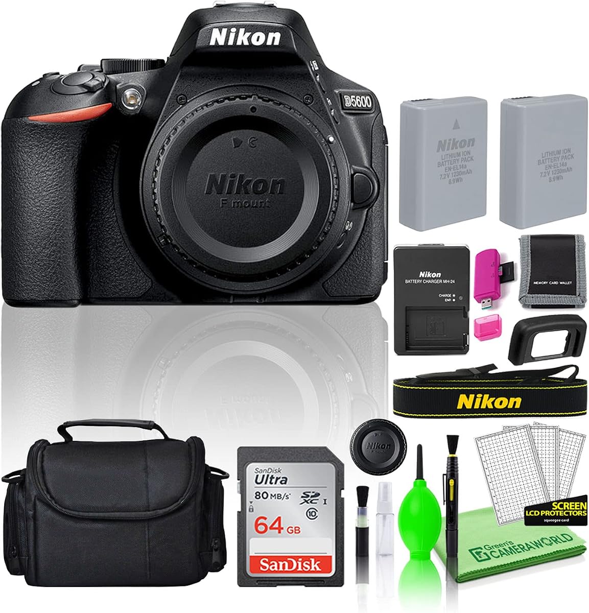 Cámara digital DSLR D5600 de 24,2 MP (solo cuerpo) (1575) Kit de paquete de lujo para principiantes - Incluye tarjeta SD Sandisk de 64 GB + bolsa grande para dispositivos de cámara + batería de repuesto + kit de limpieza de lujo + más | Para fotografía y vídeo | Cámara Digital + Tarjeta de Memoria de 64GB + Kit de Limpieza + Más