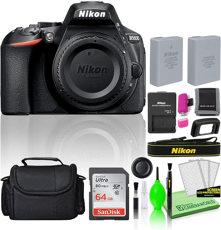 Cámara digital DSLR D5600 de 24,2 MP (solo cuerpo) (1575) Kit de paquete de lujo para principiantes - Incluye tarjeta SD Sandisk de 64 GB + bolsa grande para dispositivos de cámara + batería de repuesto + kit de limpieza de lujo + más | Para fotografía y vídeo | Cámara Digital + Tarjeta de Memoria de 64GB + Kit de Limpieza + Más