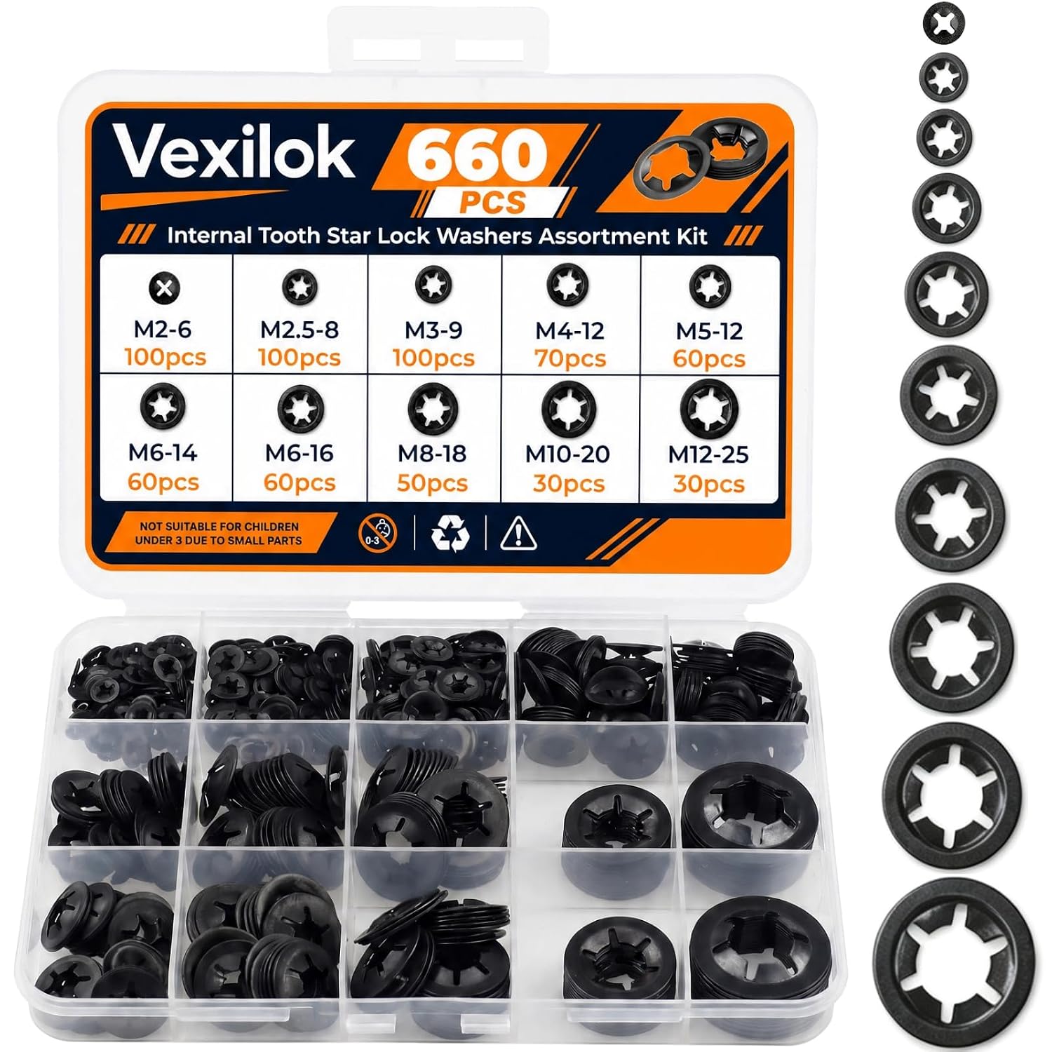 660PCS Internal Tooth Star Lock Washer Assortment Kit - 10 Sizes M2 M2.5 M3 M4 M5 M6 M8 M10 M12, 65Mn Steel Black Oxide Speed Locking Washers, Starlock Washers for Unthreaded Shafts