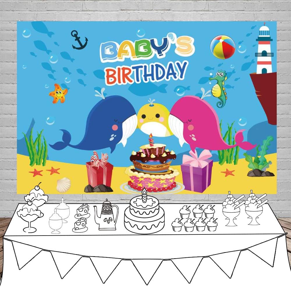 Laeacco Baby's Birthday Party Backdrop 5x3ft Vinyl Photography Background Undersea World Baby Whale Backdrop Shark Starfish Whale Yellow Pink Blue Color Cake Gifts Birthday Decoration Children