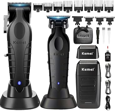 KEMEI Professional Hair Clippers for Men, Cordless Barber Clippers, Beard Trimmer and Electric Shaver Set with Replacement Heads, KM-2299, KM-2296, KM-1102