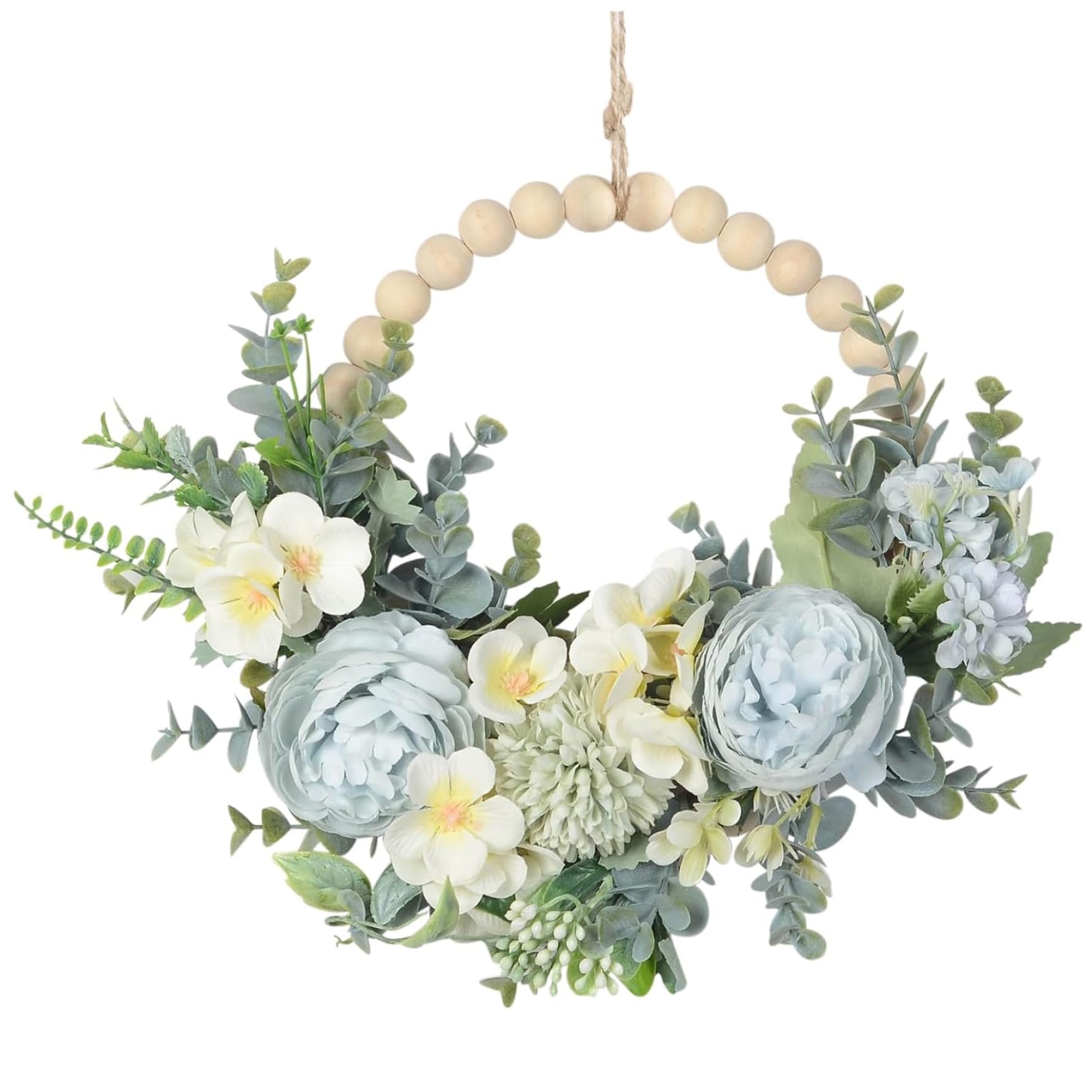 Otbushit Blue 14X9" Spring Wreath For Front Door, Lifelike Floral Wreath With Wood Bead Flowers Green Leaves For Home Wall