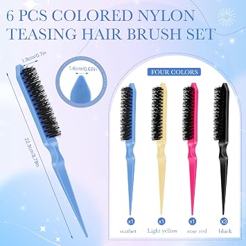 Yaomiao 6 Pcs Teasing Brush Set, 3 Row Nylon Rat Tail Combs for Fine Hair, Back Combing, Root Lifting, Scalp Massage, Hair Brushes for Women Salon Home Use(Black, Blue, Rose Red, Yellow)