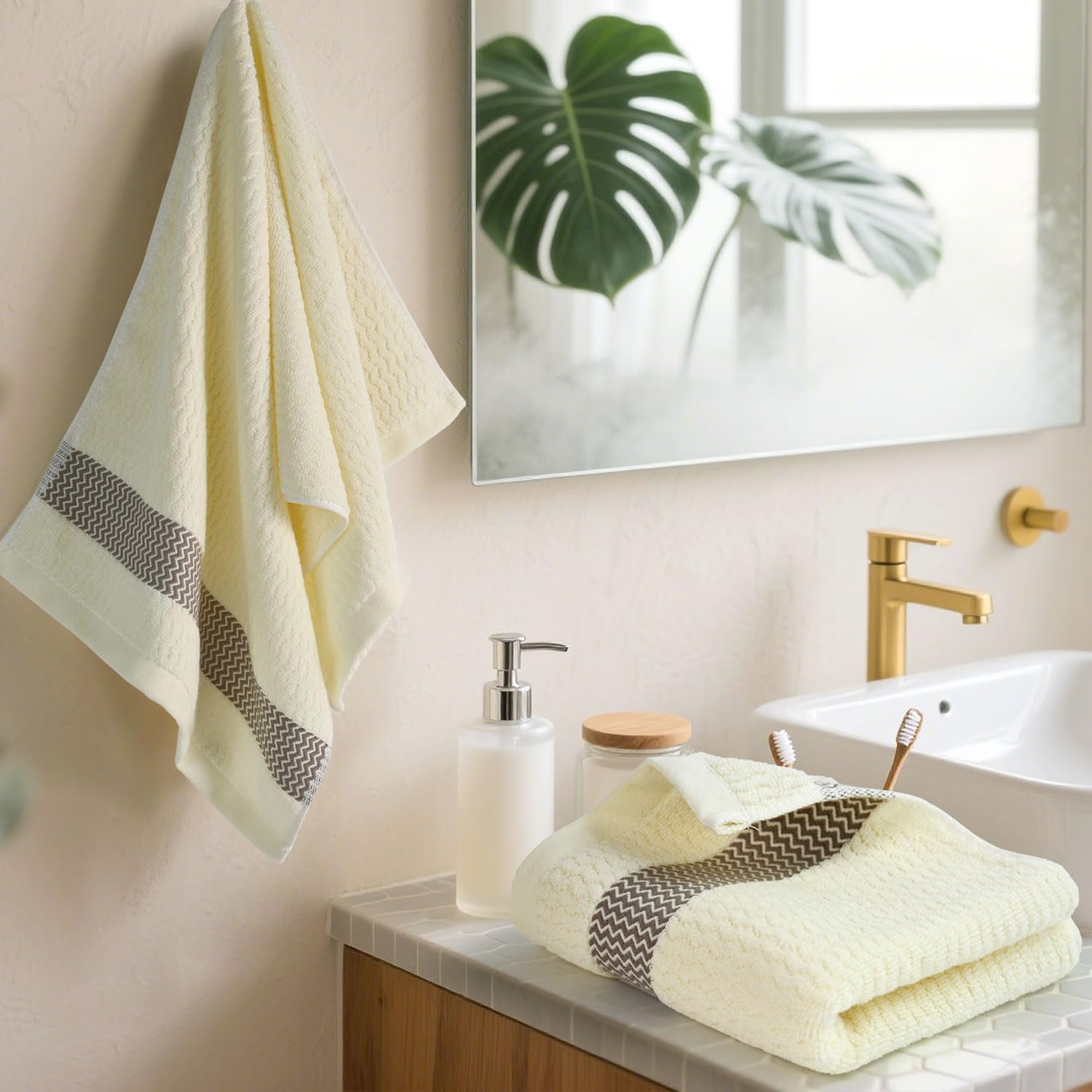 Cleanbear Hand Towels Set of 2, 100% Cotton Soft Absorbent Towels with Wavy Jacquard Border for Bathroom & Kitchen Decor, Cream, 13 x 29 Inches - Image 6