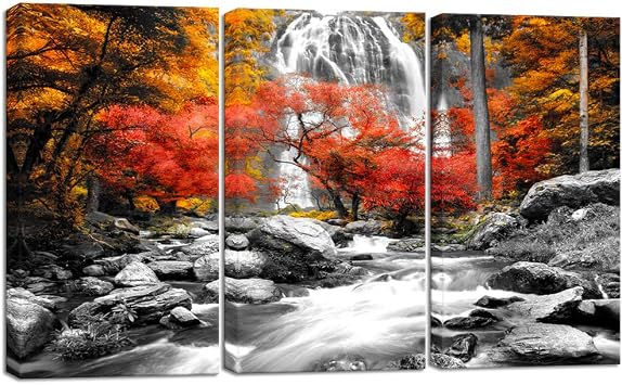 Visual Art Decor 3 Pieces Black White Red Canvas Wall Art Yellow Orange Trees Forest Waterfall Lake Picture Prints Nature Fall Scenery Paint for Modern Home Living Room Office Decoration 01, 12x24x3