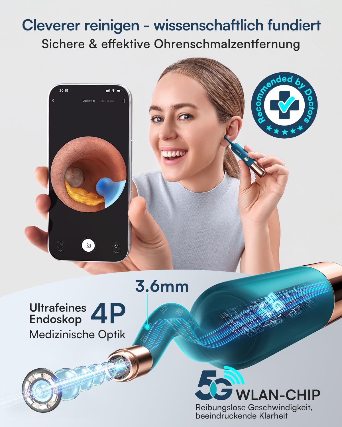 Bebird Pro Earsight Ultra Éliminateur de cérumen Wi-Fi 5G otoscope HD 1080p nettoyeur d'oreille flexible caméra 30 pointes rechange