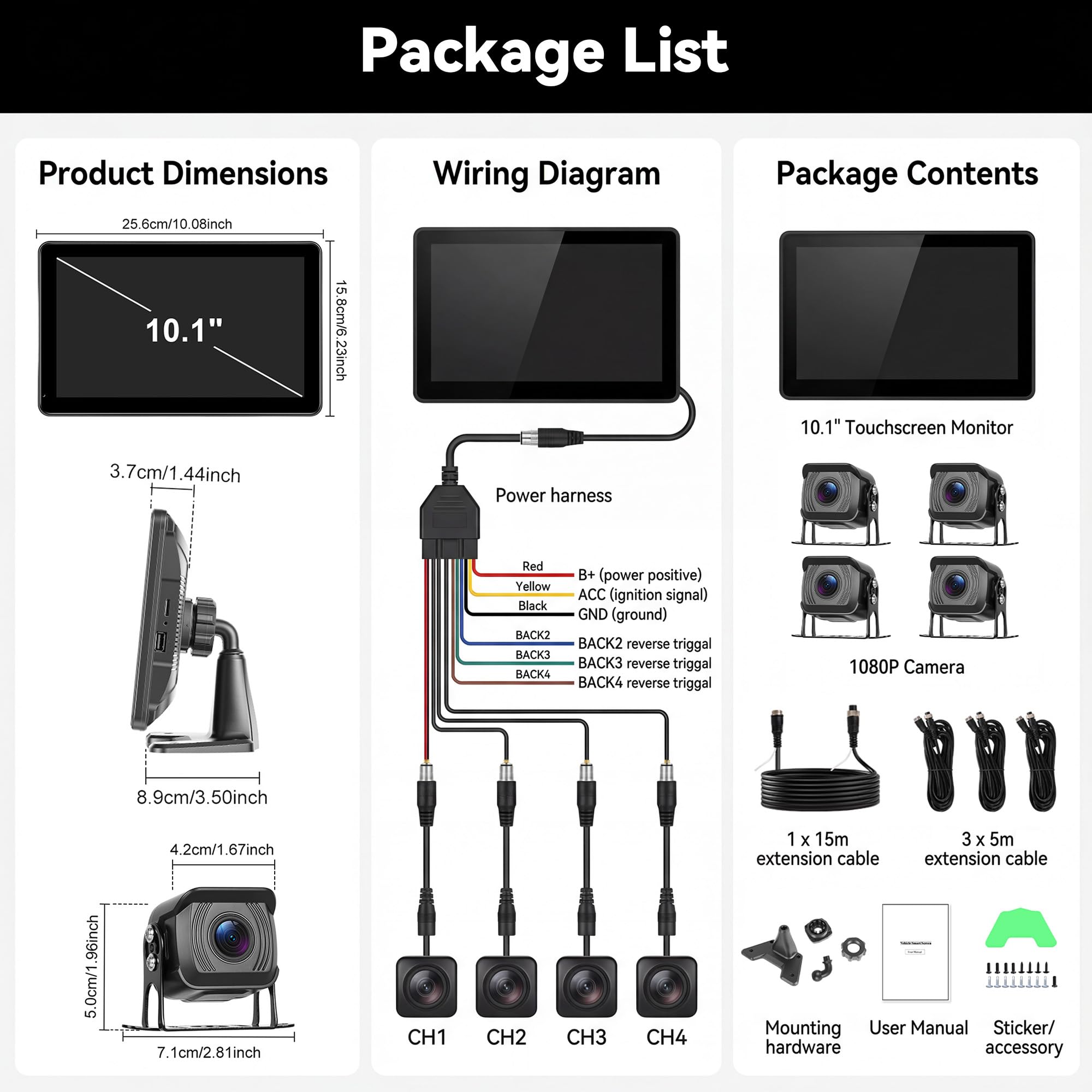 CAMECHO 10.1'' Écran Tactile 4 × 1080P Camera de recul avec Moniteur & IP68 étanche, Vision de Nuit Caméra recul Voiture avec DVR, Moniteur de Stationnement, Écran partagé, Détection d'angle Mort BSD