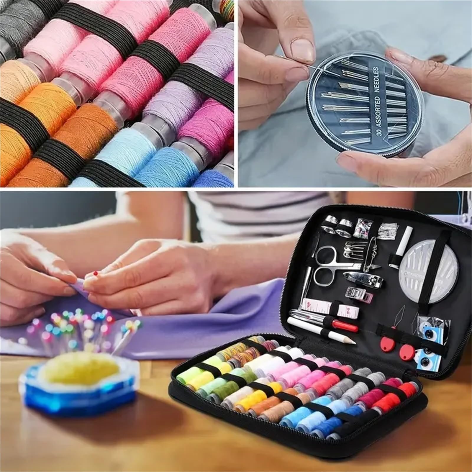 Xinglongs Kit de costura profesional grande, juego de 24 hilos de colores, 30 agujas surtidas, multiherramientas, 31 x 20,6 cm, para reparación del hogar y manualidades