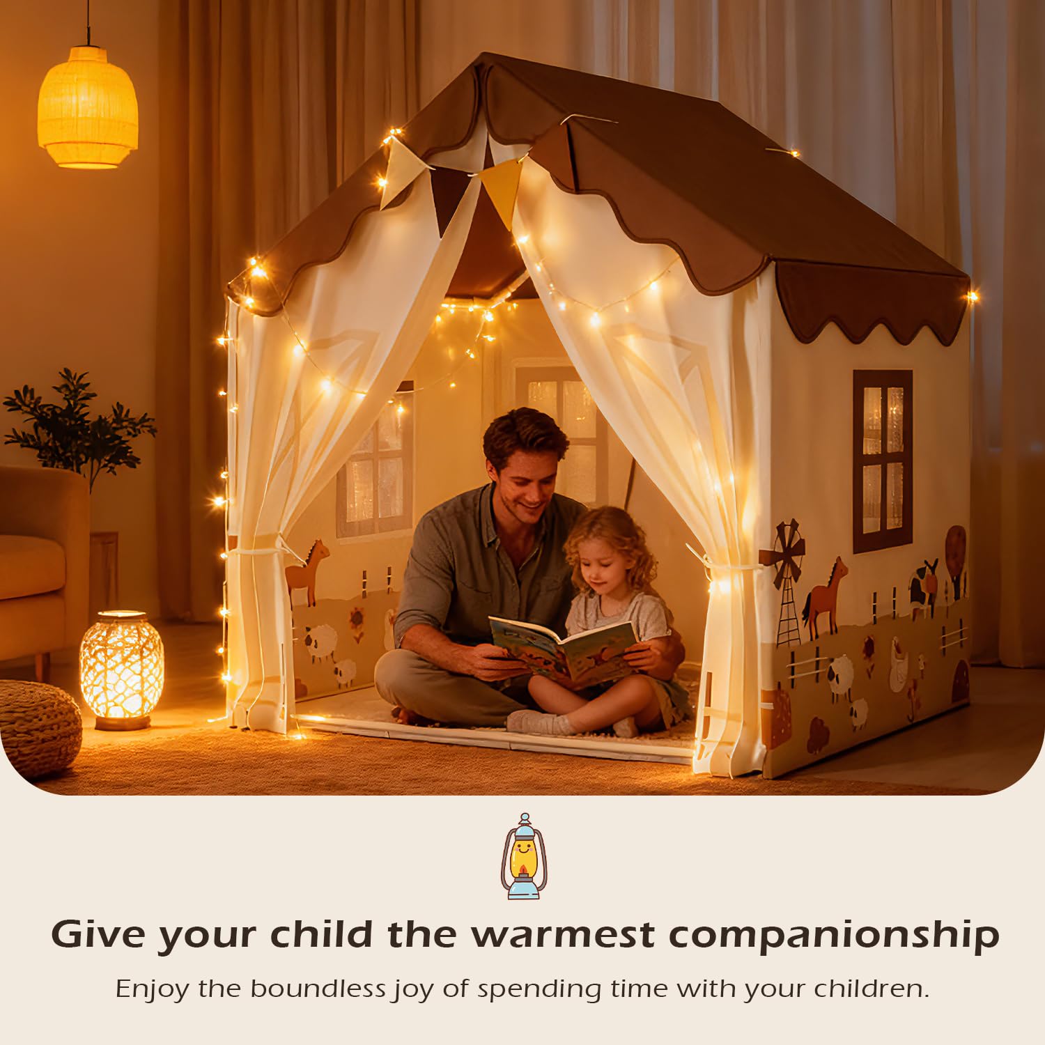 EagleStone Tente de Jeu pour Enfants avec Guirlandes et Tapis Moelleux, Intérieur, Cabane Lit-Tente, Coin Douillet, Beige