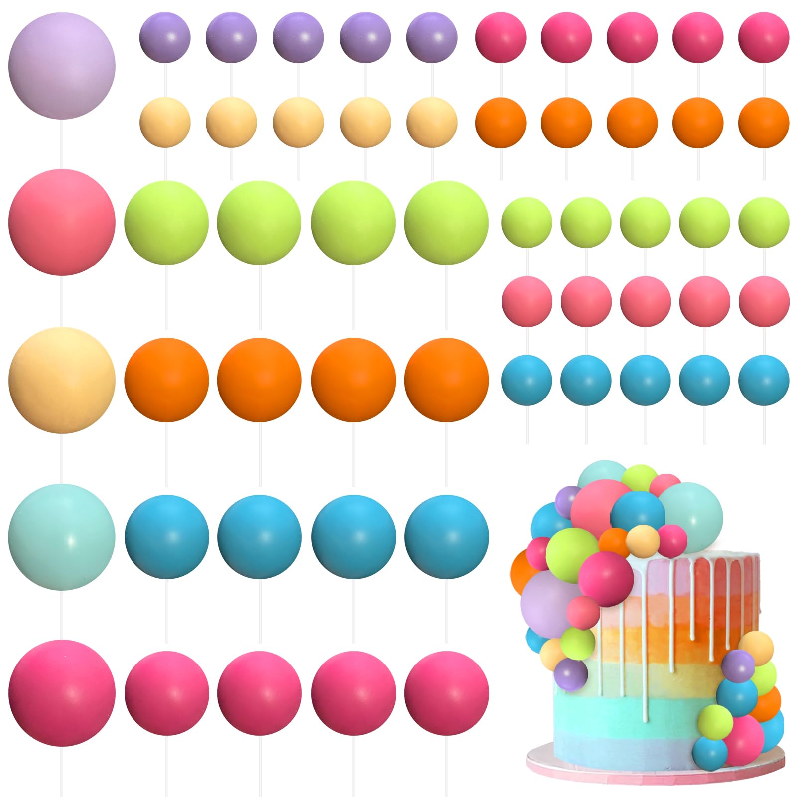 56 Pcs Rainbow Ball Cake Toppers Colorful Mini Balloon Cake Decorations Rainbow Foam Balls Cake Decor for Baby Shower Wedding Birthday Party Supplies (Rainbow)