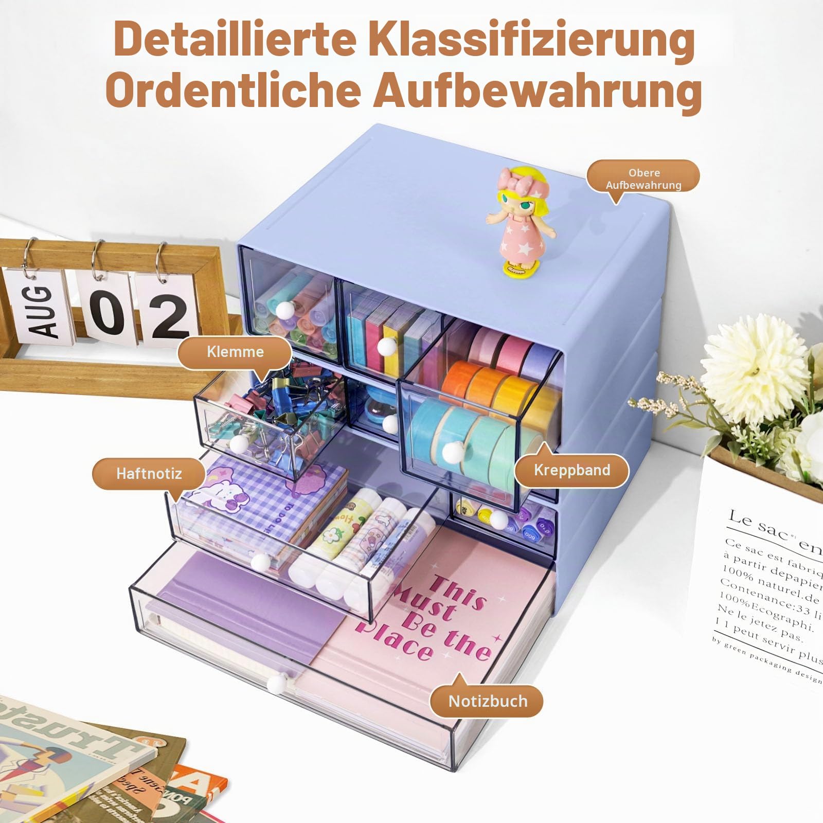 Desk Aufbewahrungsbox mit 9 Schubladen, 4 Lagen stapelbare Lagerung Schubladen für Schreibtisch Lagerung, Klare Veranstalter Anzug für Schreibwaren Make-up Schmuck Büro Craft Supplies (Violett)
