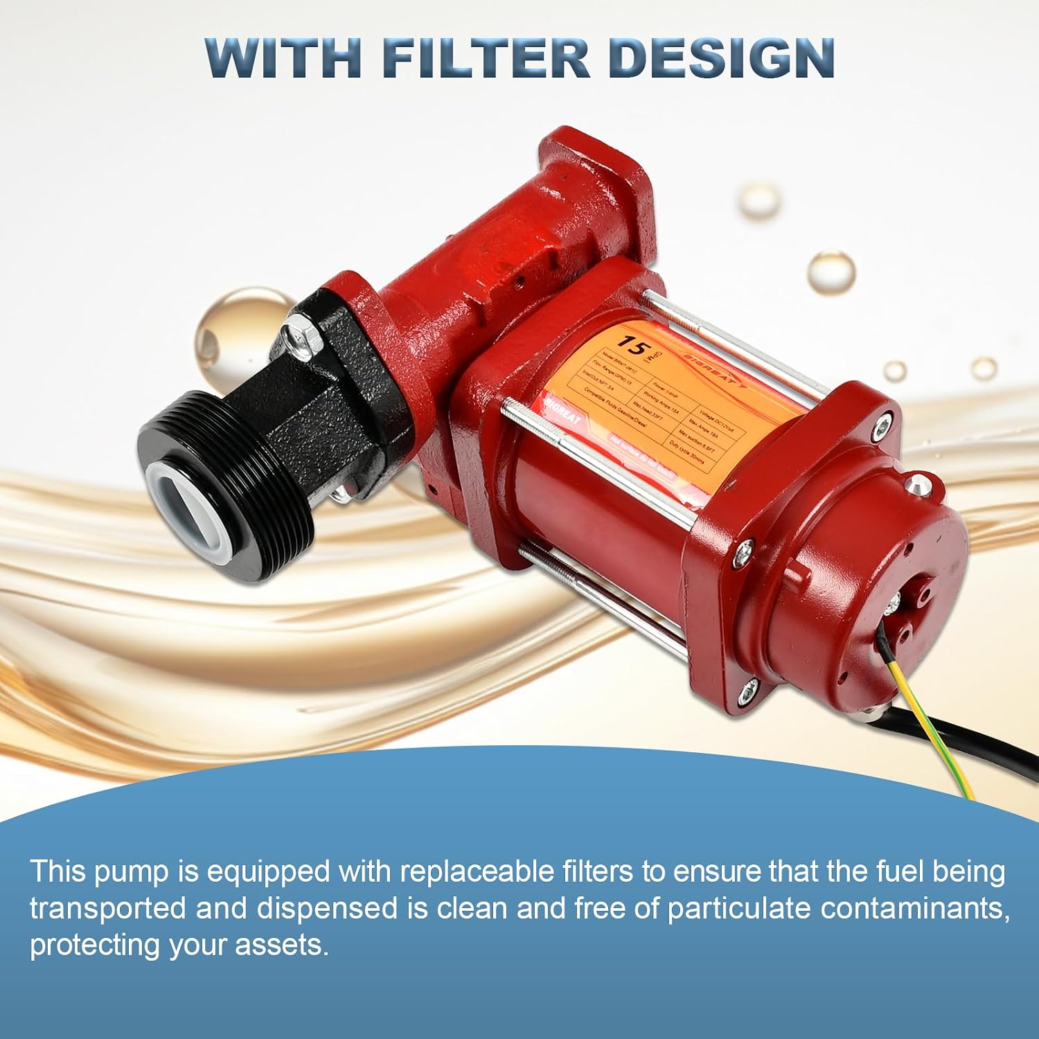 15GPM 12V DC Fuel Transfer Pump & Filter with 13 Feet Discharge Hose, Mechanical Nozzle,Cast Iron Heavy Duty Premium Filter Kit For Gasoline, Diesel, Kerosene, Ethanol & Methanol Blends