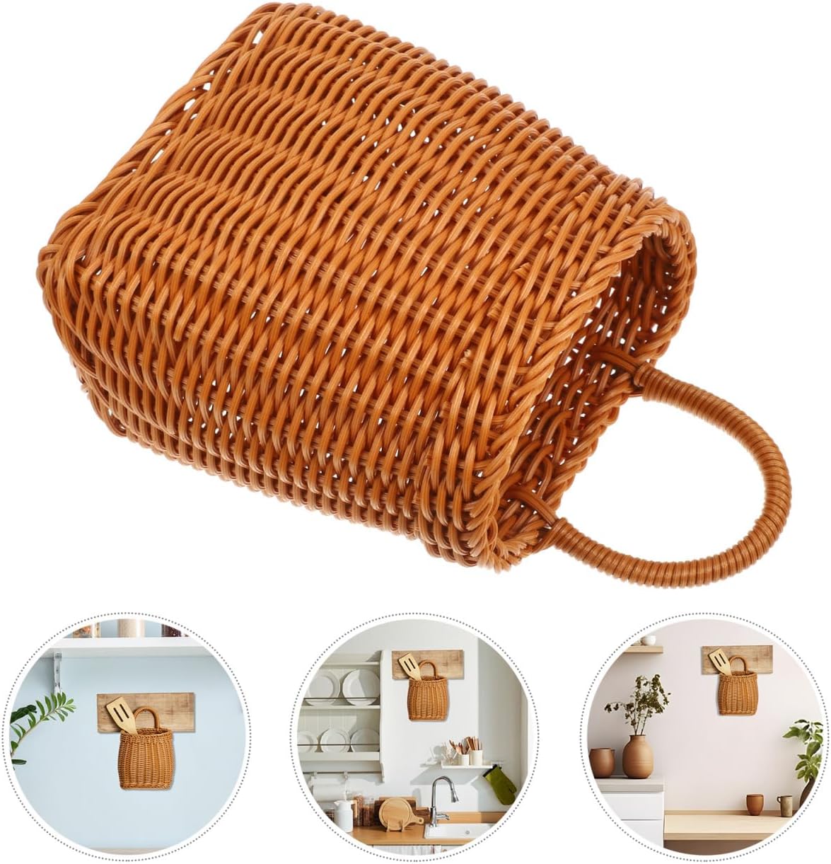 Healeved 2Pcs Wall Hanging Storage Baskets 9.64X6.1X8.66 Inch Faux Rattan Woven Basket with Handle Portable Organizer for Kitchen Fruit Garlic Ginger Storage