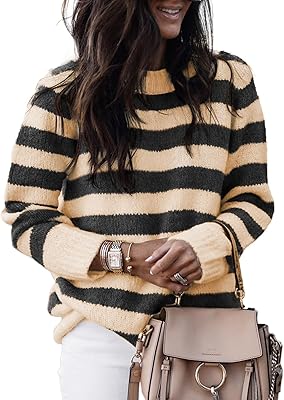 Dokotoo Sweaters for Women 2025 Crewneck Striped Cute Color Block Fall Winter Knitted Pullover Tops