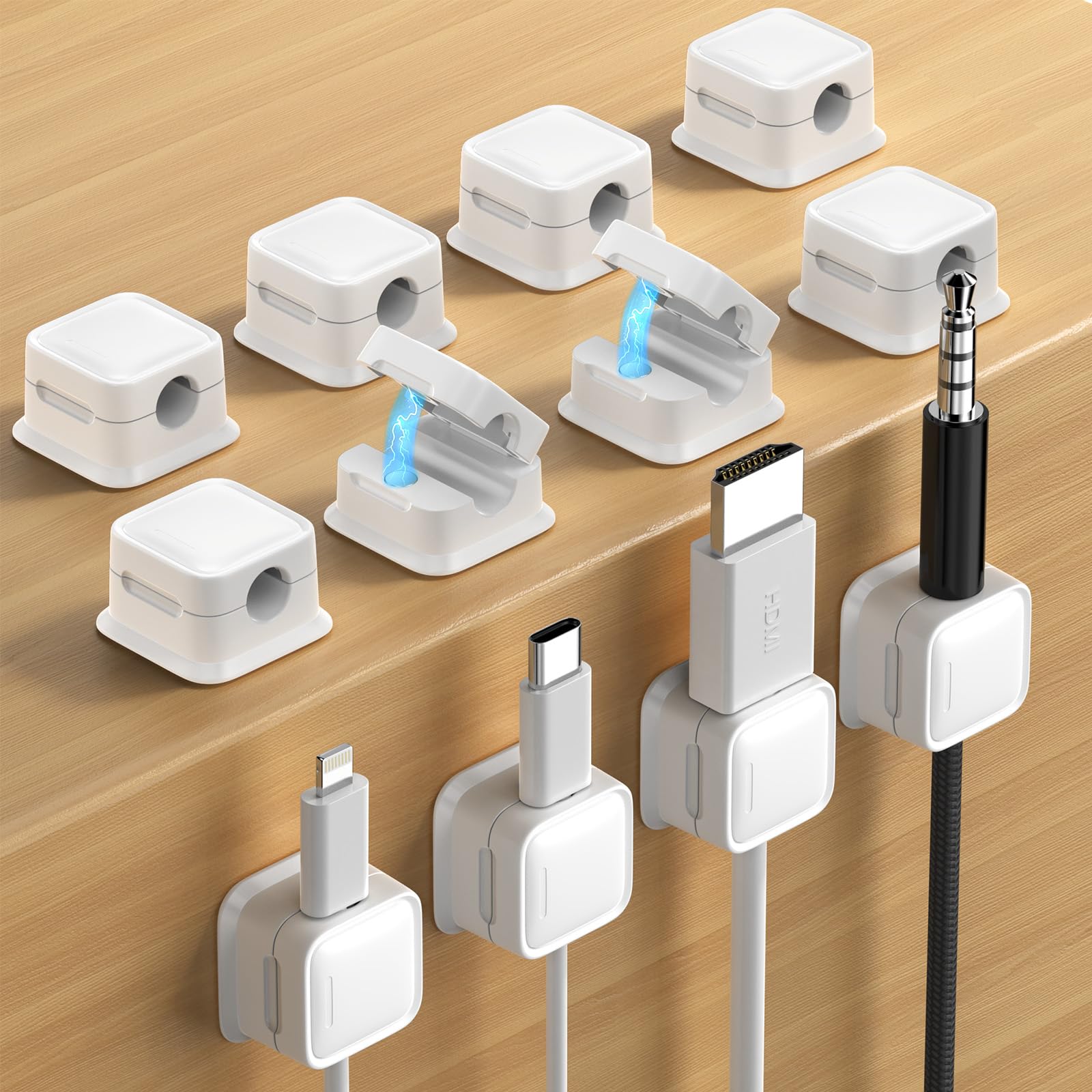 12 Pack Cord Organizer, Magnetic Cable Clips, Under Desk Management, White | 0.27in Cable Compatible,Strong Adheive Wire Holder Keeper,Easy Open Phone Charger Holder for Home Car Desk Nightstand Office